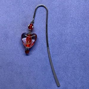 Handmade Red Art Glass Bookmark New Hook is Silver Metal Heart is Red and Clear